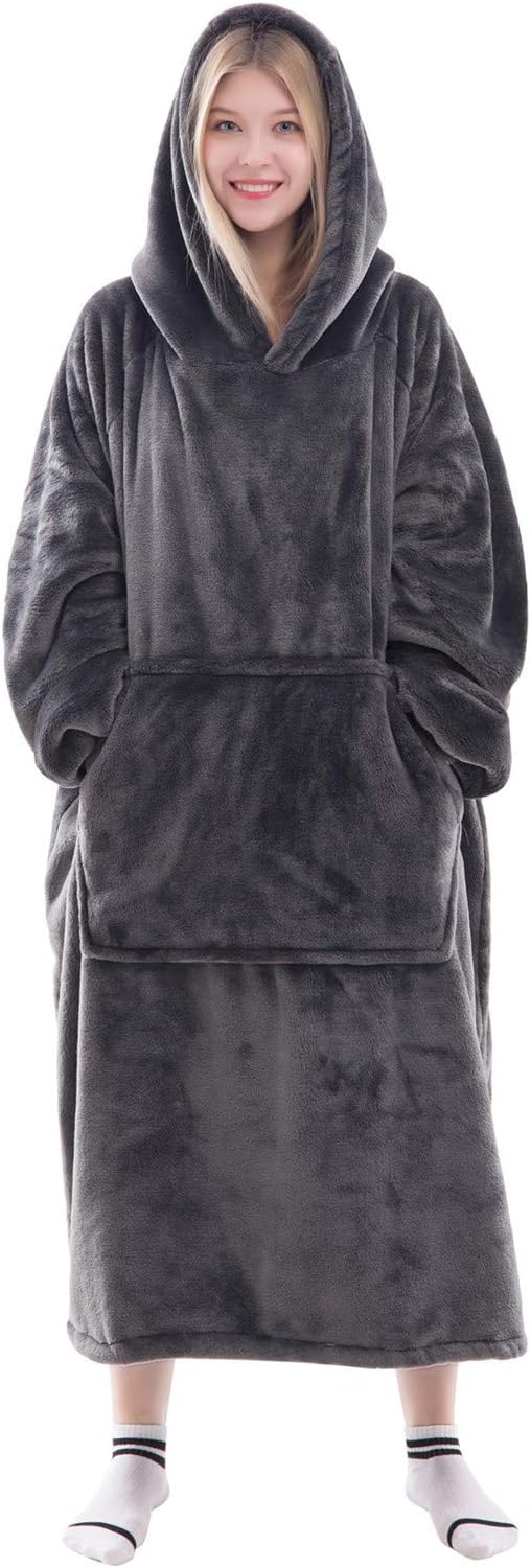 Waitu Wearable Blanket Sweatshirt Gifts for Women and Men, Warm and Cozy Giant Blanket Hoodie, Thick Flannel Hooded Blanket with Sleeves and Giant Pocket - Dark Gray