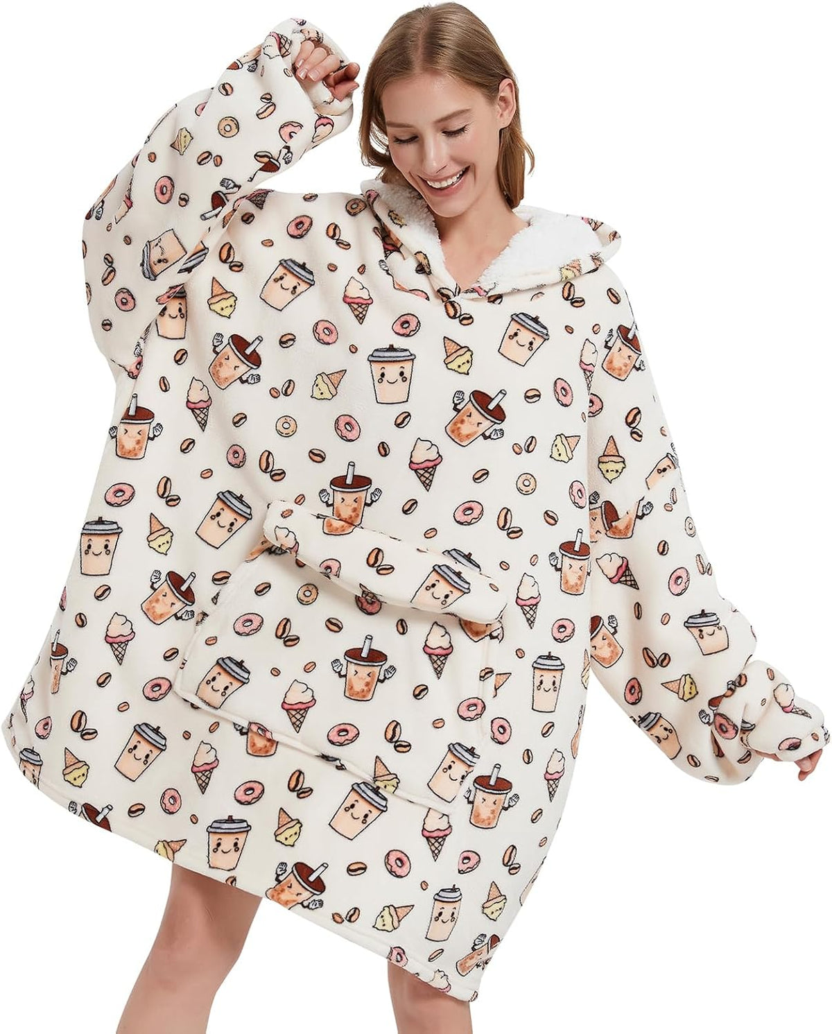 Mewkou Wearable Blanket Hoodie for Adult,Oversized Sherpa Fleece Blanket Hoodie for Women Men,Coffee