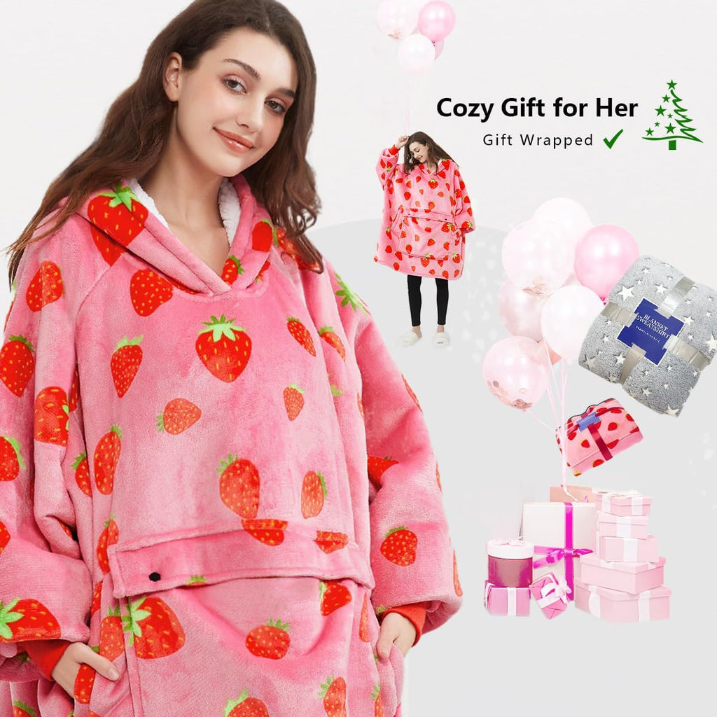 KFUBUO Wearable Blanket Hoodie for Adults With Pocket Strawberry Hoodie