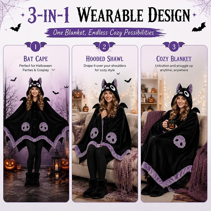 Bat Blanket Hoodie, Halloween Wearable Blanket with Hood