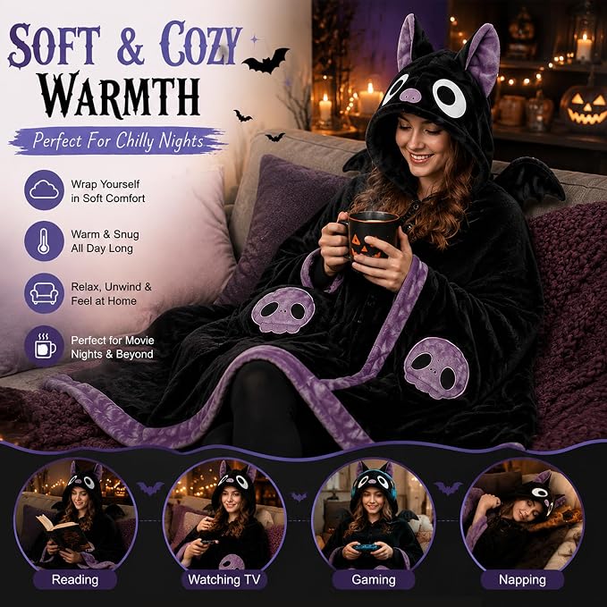 Bat Blanket Hoodie, Halloween Wearable Blanket with Hood