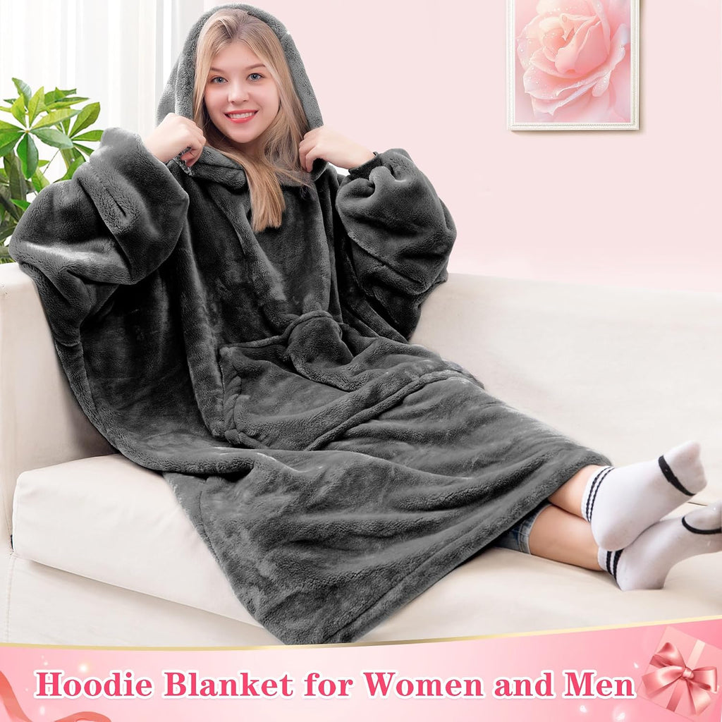 Waitu Wearable Blanket Sweatshirt Gifts for Women and Men, Warm and Cozy Giant Blanket Hoodie, Thick Flannel Hooded Blanket with Sleeves and Giant Pocket - Dark Gray