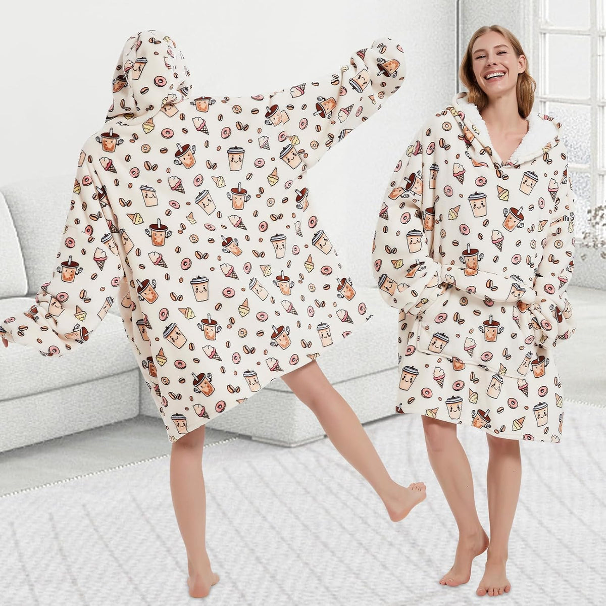 Mewkou Wearable Blanket Hoodie for Adult,Oversized Sherpa Fleece Blanket Hoodie for Women Men,Coffee
