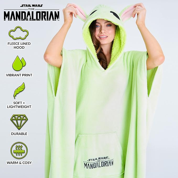 Disney the Mandalorian Wearable Blanket, Comfy & Warm Star Wars Gifts for Women & Men, Soft Baby Yoda Blanket Hoodie with 3D Hood, Long Sleeves & Pocket, Green