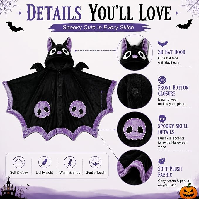 Bat Blanket Hoodie, Halloween Wearable Blanket with Hood
