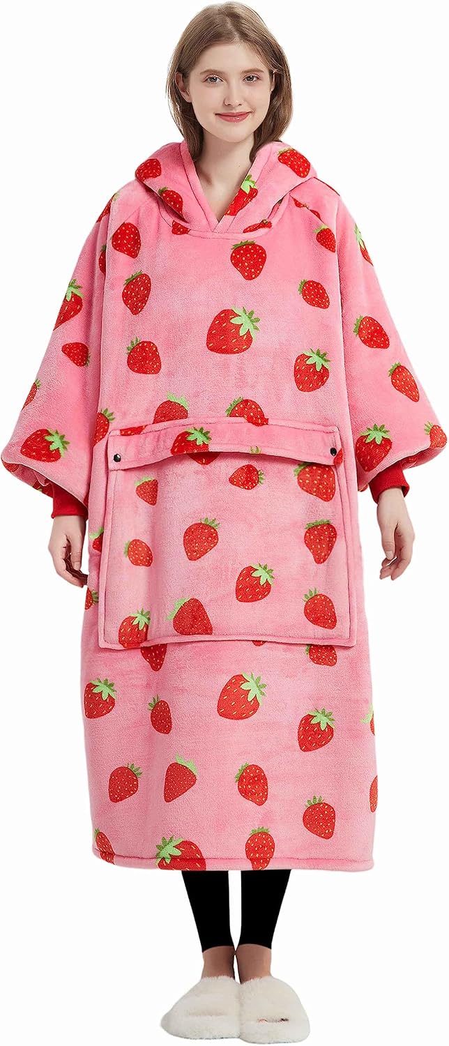 KFUBUO Wearable Blanket Hoodie for Adults With Pocket Strawberry Hoodie