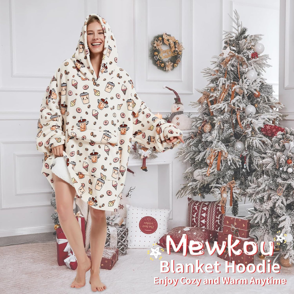 Mewkou Wearable Blanket Hoodie for Adult,Oversized Sherpa Fleece Blanket Hoodie for Women Men,Coffee