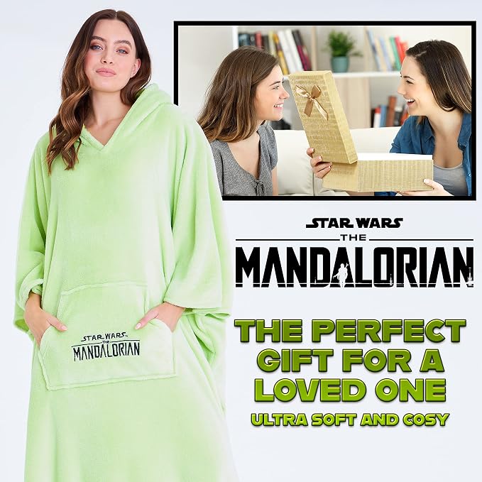 Disney the Mandalorian Wearable Blanket, Comfy & Warm Star Wars Gifts for Women & Men, Soft Baby Yoda Blanket Hoodie with 3D Hood, Long Sleeves & Pocket, Green