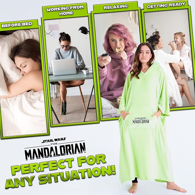 Disney the Mandalorian Wearable Blanket, Comfy & Warm Star Wars Gifts for Women & Men, Soft Baby Yoda Blanket Hoodie with 3D Hood, Long Sleeves & Pocket, Green