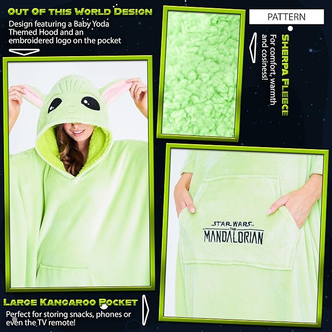 Disney the Mandalorian Wearable Blanket, Comfy & Warm Star Wars Gifts for Women & Men, Soft Baby Yoda Blanket Hoodie with 3D Hood, Long Sleeves & Pocket, Green